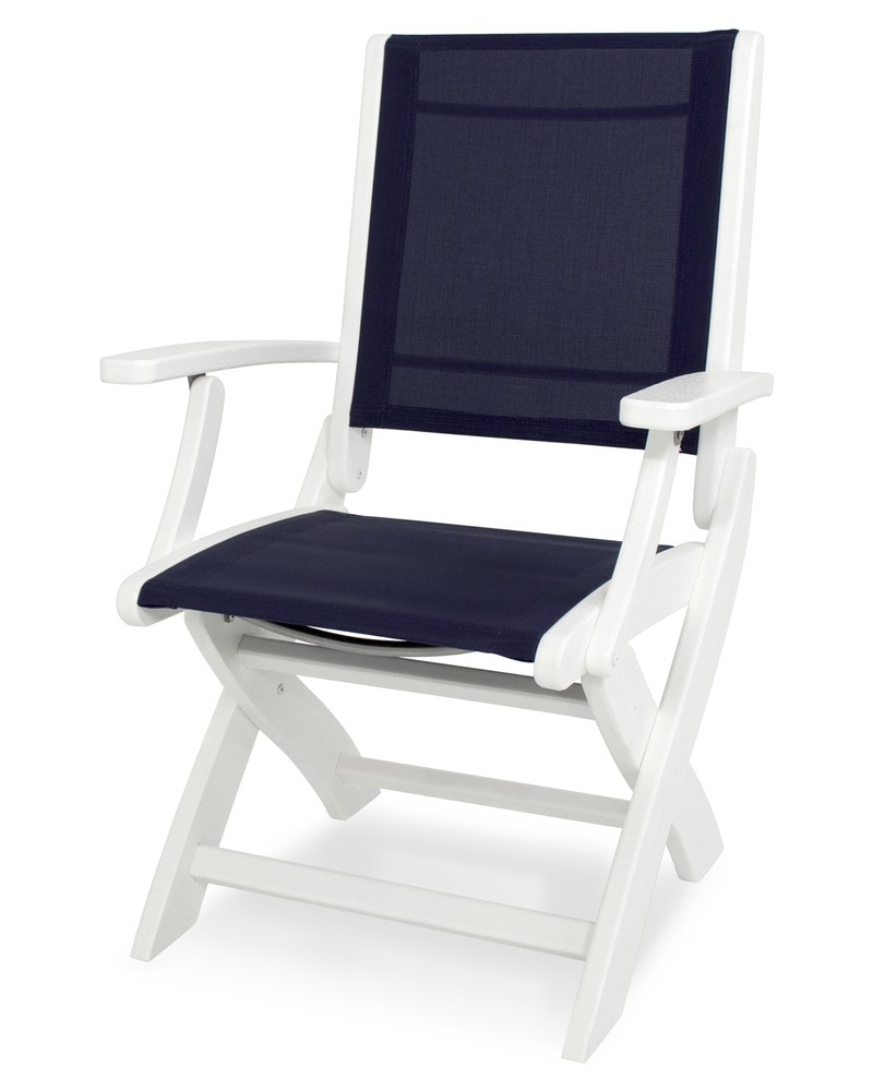 POLYWOOD Coastal Chair White Navy Blue Sling Folding